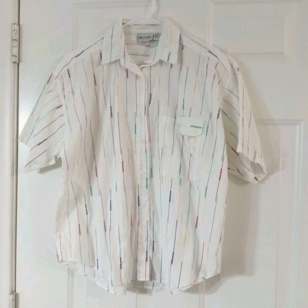 Vtg Khazana Women’s Size Medium Button Up Blouse Top Striped 80s Print Rainbow